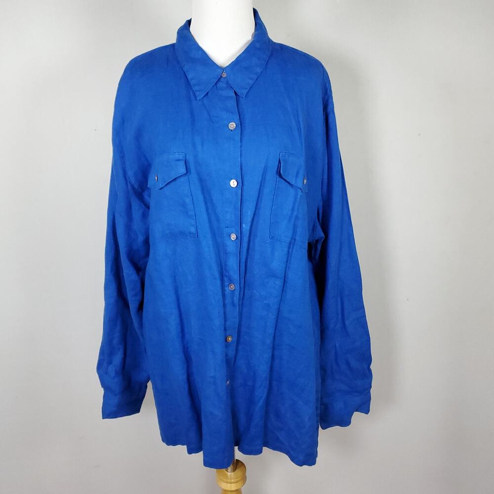 Chico's Sz 3 Royal Blue Linen Top Button Down Tunic Collared Chicos XL 16